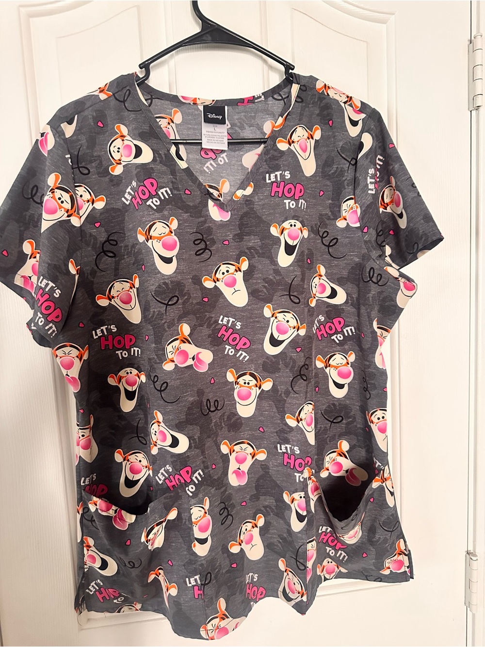 Disney Scrub Top Tigger Print V-Neck Top - Charcoal & Pink